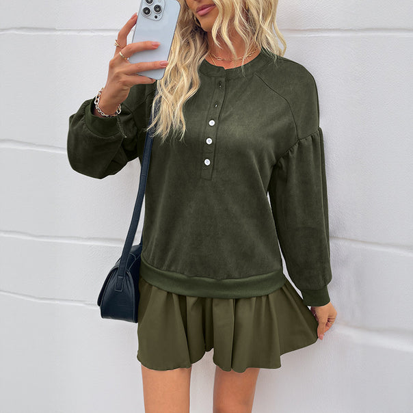 Ladies Velour Henley Sweatshirt with Raglan Sleeves and Balloon Sleeves Mune Fashion