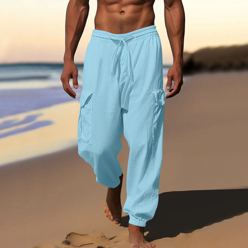 Men's airy linen blend beach pants with cargo pockets and elastic hem Mune Fashion