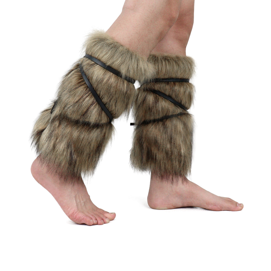 Men's Viking-inspired faux fur accessory set with shawl collar hip apron arm protectors and shin guards Mune Fashion