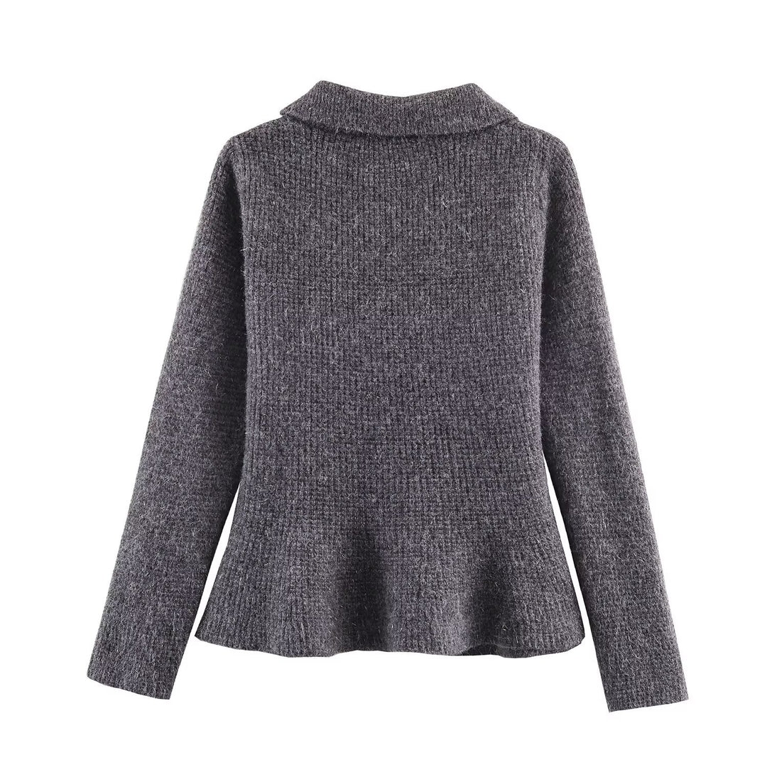 Women's Double-breasted Boucle Jacket with Peplum, Applied Pockets and Shirt Collar Mune Fashion