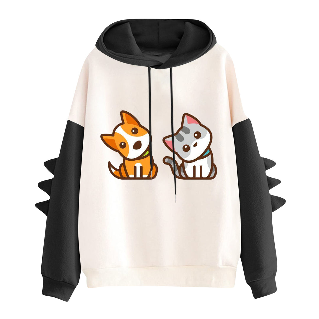 Women's hoodie with cute dog-and-cat print and 3D spikes on the sleeves Mune Fashion
