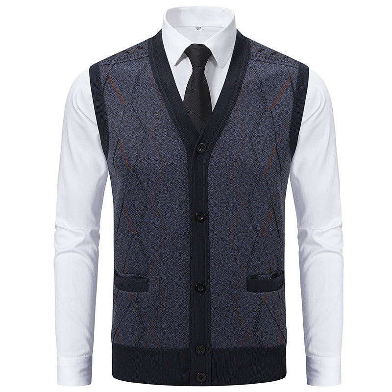 Men's Sleeveless Knit Vest with Diamond Pattern, V-Neck and Button Placket Mune Fashion