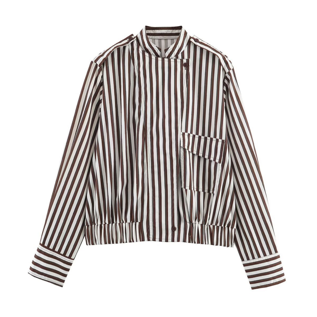 Women's Striped Cropped Blouse Jacket with Standing Collar, Asymmetrical Flap Pocket and Elastic Hem Mune Fashion