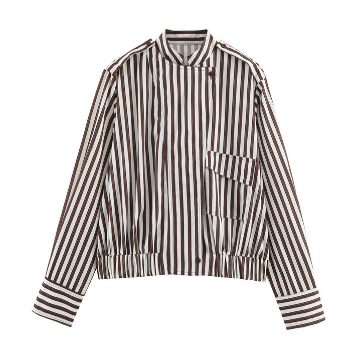 Women's Striped Cropped Blouse Jacket with Standing Collar, Asymmetrical Flap Pocket and Elastic Hem Mune Fashion