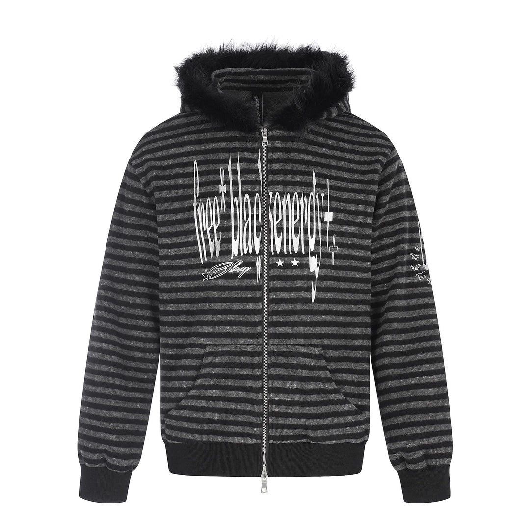 Unisex hoodie zip jacket with faux fur trim, striped pattern and front print Mune Fashion