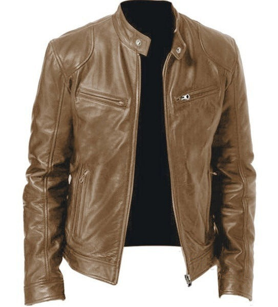 Men's nan vintage-inspired leather jacket in biker style with stand-up collar and visible zippers Mune Fashion