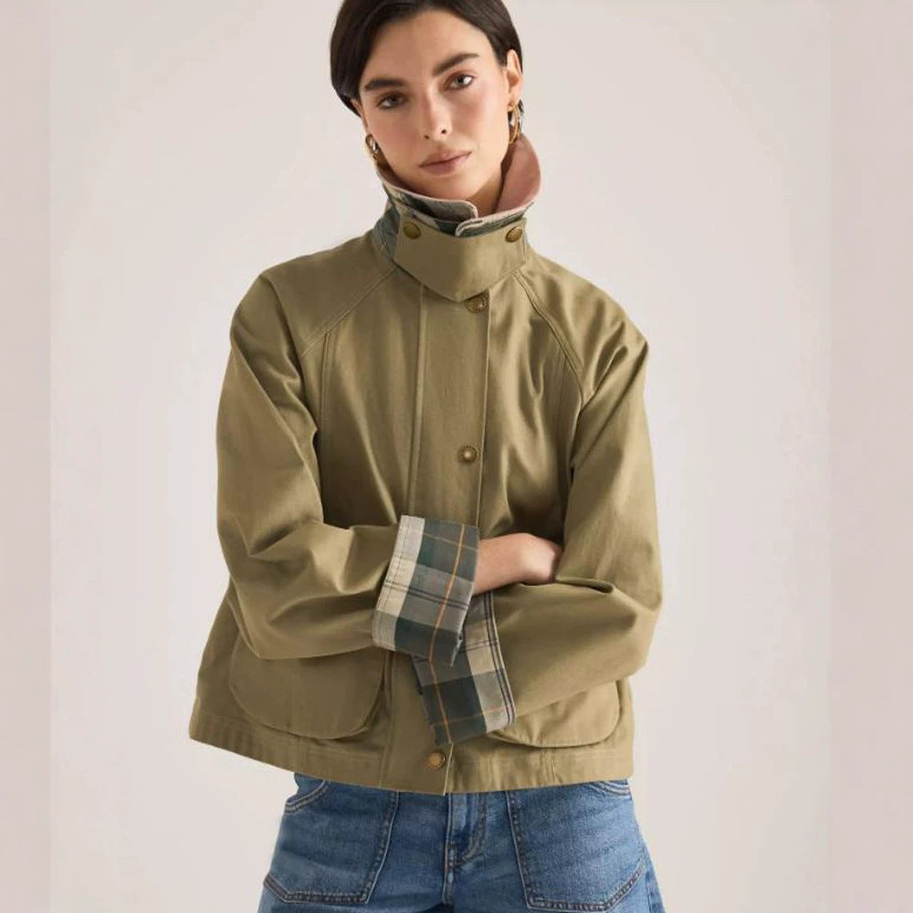 Women's transitional jacket with corduroy collar, checkered inner cuffs, and patch pockets Mune Fashion