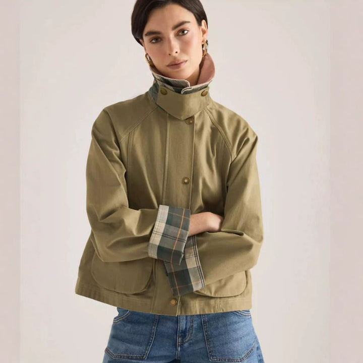 Women's transitional jacket with corduroy collar, checkered inner cuffs, and patch pockets Mune Fashion