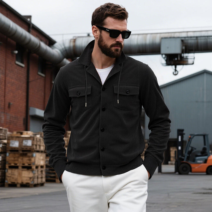 Men's knitted corduroy overshirt jacket with hood, breast pockets and continuous button placket Mune Fashion