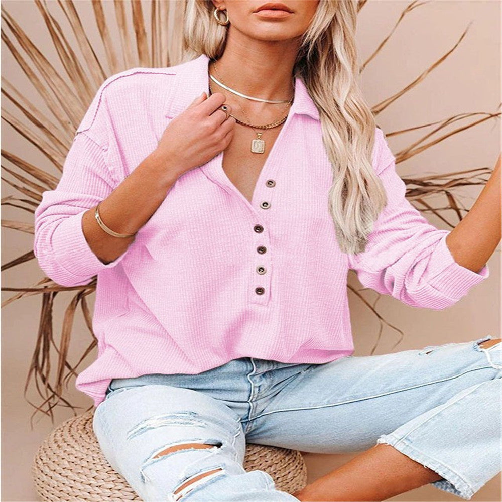 Women's casual waffle polo shirt with Henley button placket and dropped shoulder Mune Fashion