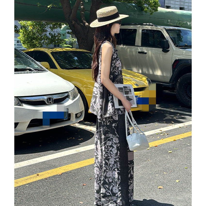 Women's Wide Linen Blend Pants with Elastic Waistband, Palazzo Cut and Ornamental Print Mune Fashion