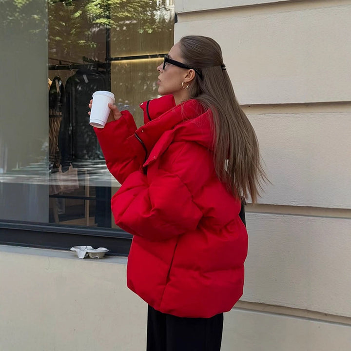 Women Short Cut Quilted Winter Jacket with High Collar Hood and Padded Thermal Lining Mune Fashion