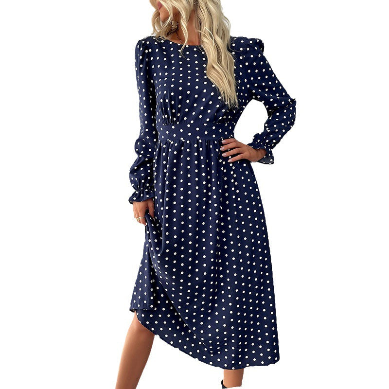 Women's Polka Dot Midi Dress with Ruffled Waist and Balloon Sleeves Mune Fashion