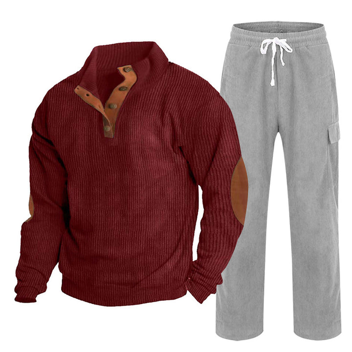Men's Cozy Leisure Set made of Waffle Knit Henley with Elbow Patch and Relax Cargo Pants Mune Fashion