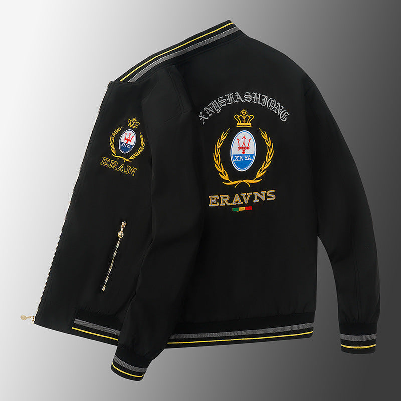 Men's stick detail bomber jacket in retro crest style with emblem embroidery and zipper arm pocket Mune Fashion