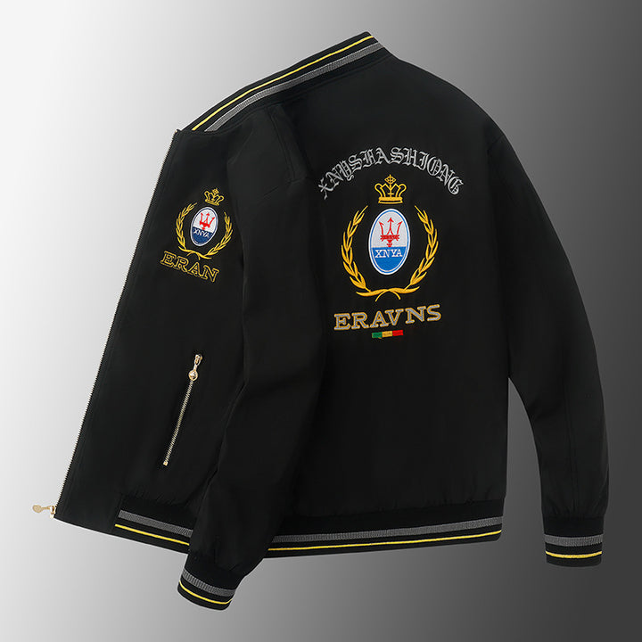 Men's stick detail bomber jacket in retro crest style with emblem embroidery and zipper arm pocket Mune Fashion