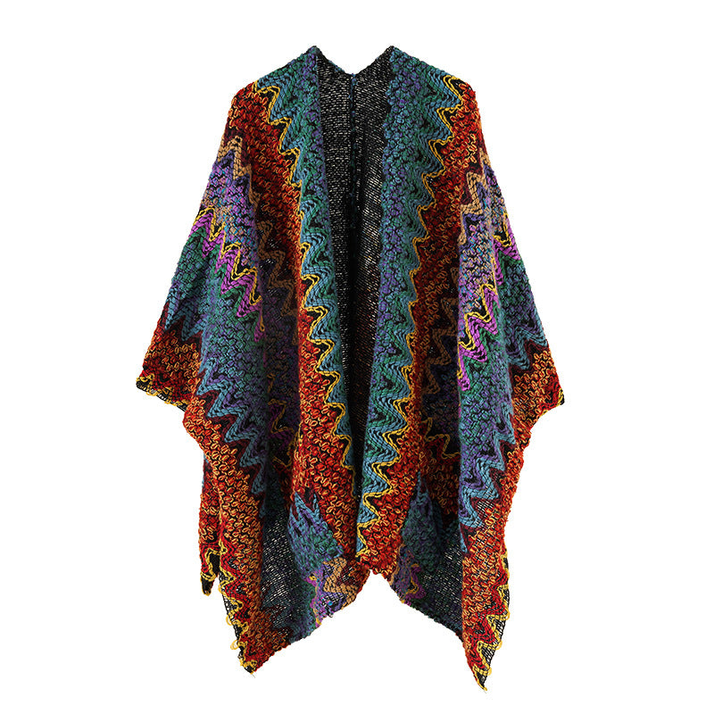Women's Chunky Knitted Ethno-Ruana-Poncho with Zigzag Jacquard and Open Fall Mune Fashion