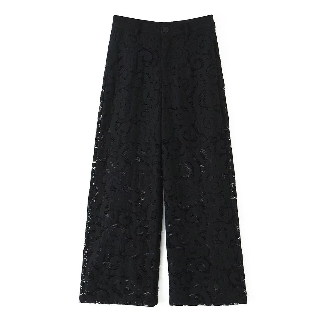 Women Wide Lace Trousers with High Waist and Lined Interior Mune Fashion