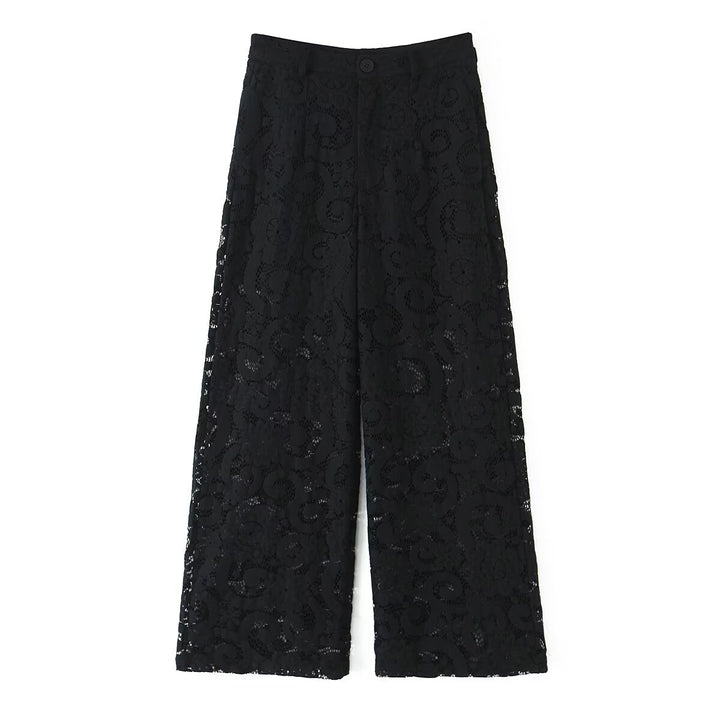 Women Wide Lace Trousers with High Waist and Lined Interior Mune Fashion