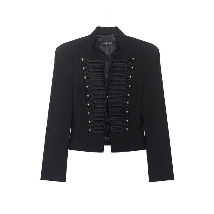 Women Military Inspired Short Jacket with Stand-up Collar and Decorative Cords Mune Fashion