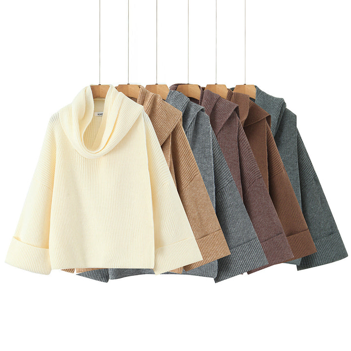 Women's Boxy-Cropped Chunky Knit Pullover with Voluminous Shawl Collar Mune Fashion