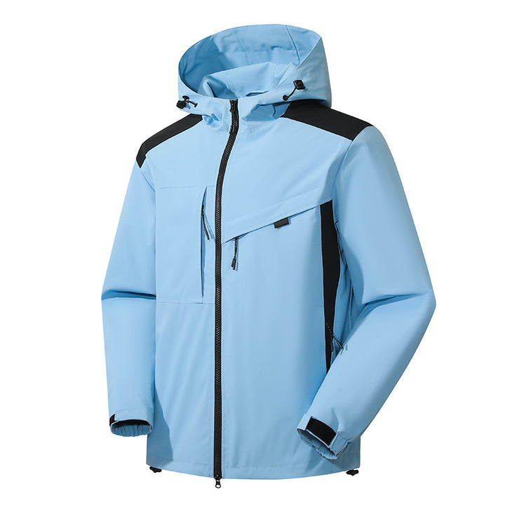 Men's wind and water-resistant softshell jacket with adjustable hood, two-way zipper, and asymmetrical chest pocket Mune Fashion
