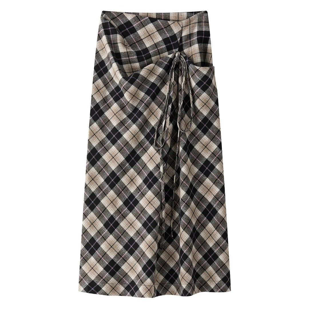 Women's Wide Checked Maxi Skirt with Drawstring and Layered Ruffles Mune Fashion