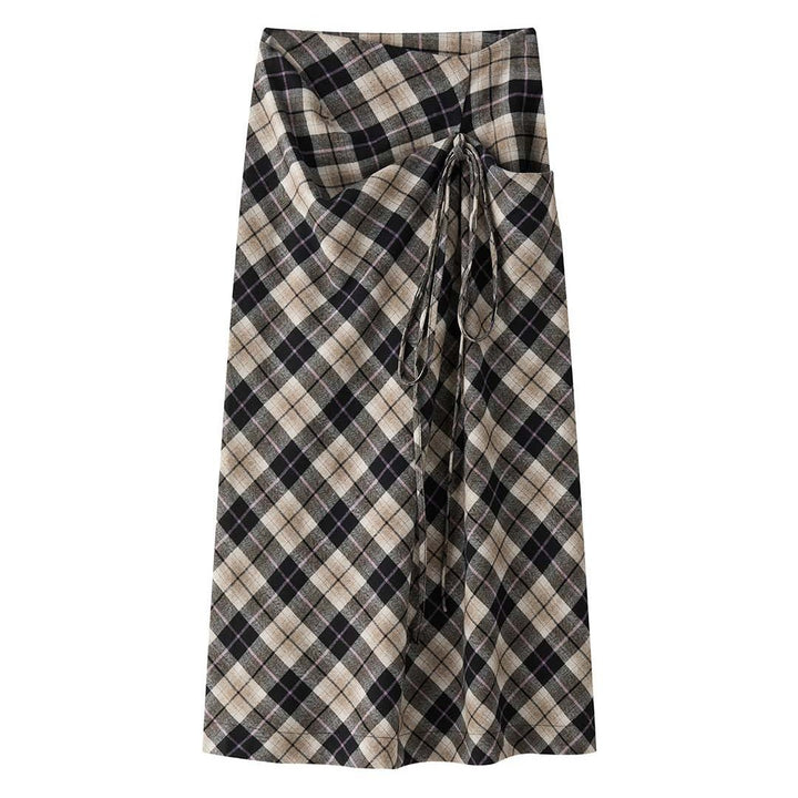 Women's Wide Checked Maxi Skirt with Drawstring and Layered Ruffles Mune Fashion