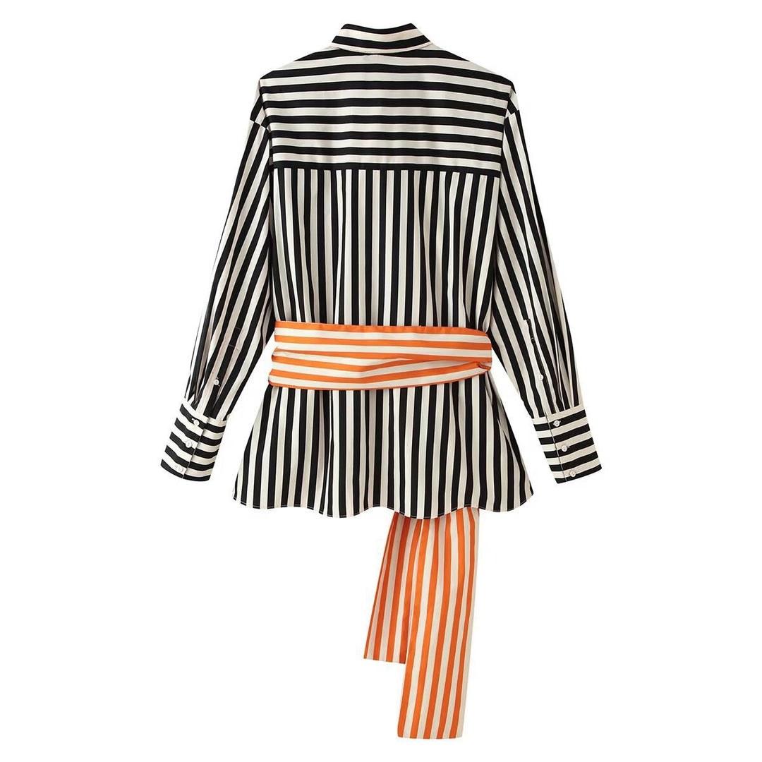 Women's Striped Shirt Blouse with Long Sleeves and Contrasting Waist Belt Mune Fashion