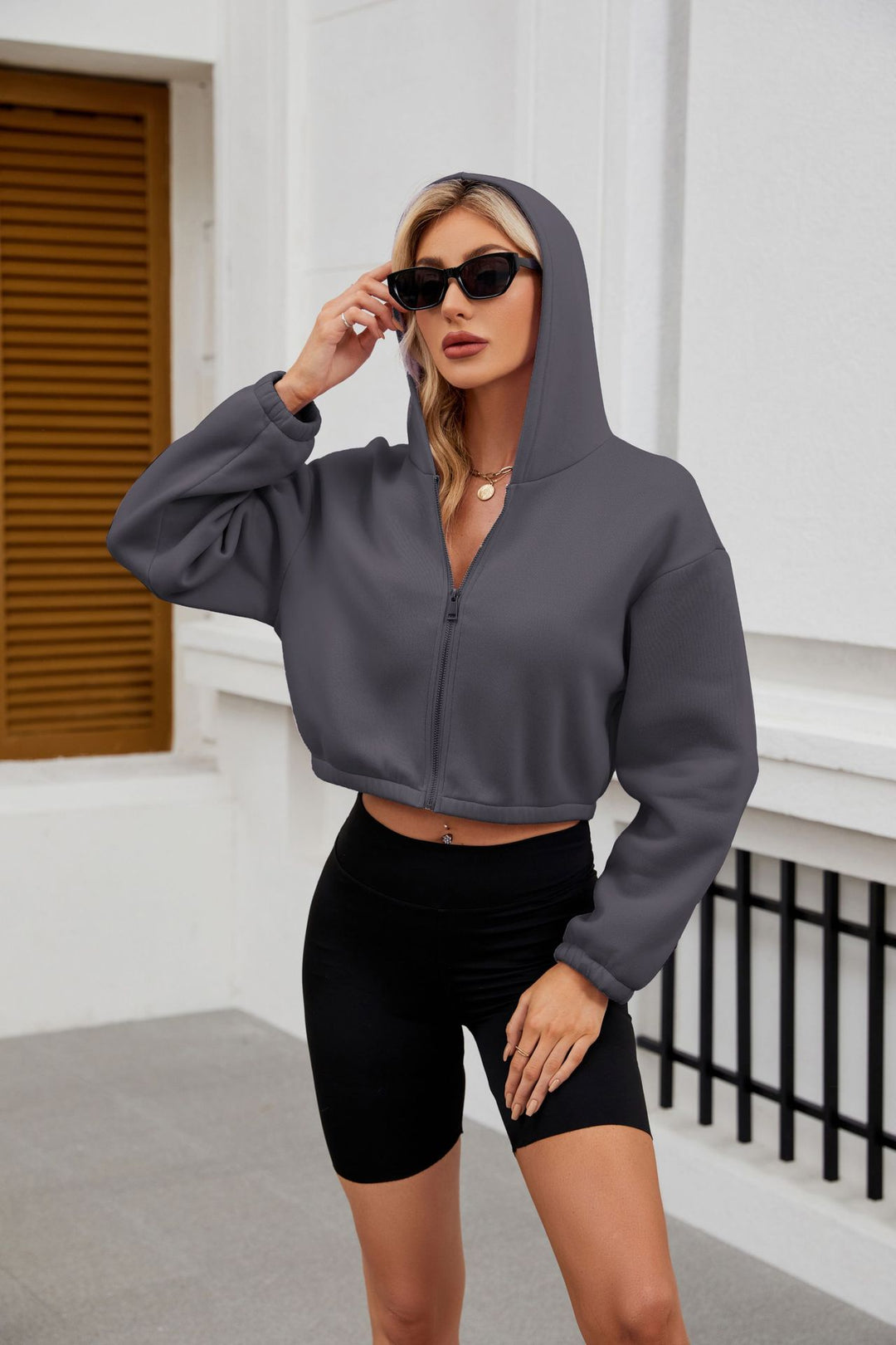 Women's Cropped Hoodie Jacket with Full Zipper and Oversized Sleeves Mune Fashion