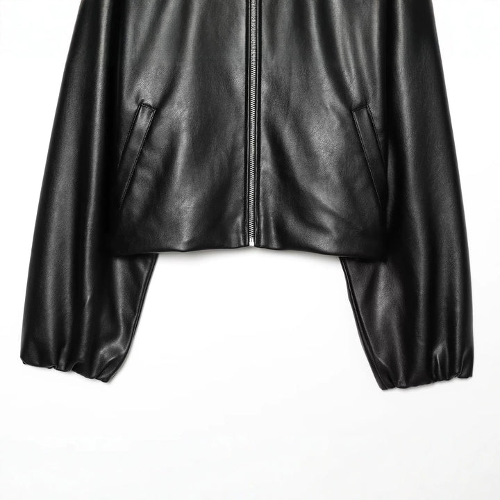 Ladies short faux leather bomber jacket with stand-up collar and concealed zipper Mune Fashion