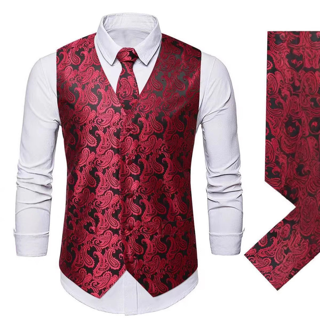 Men's Nan Paisley Satin Suit Vest Set with Tie and Pocket Square Mune Fashion