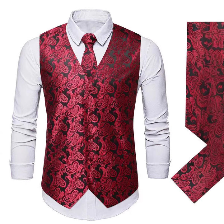 Men's Nan Paisley Satin Suit Vest Set with Tie and Pocket Square Mune Fashion