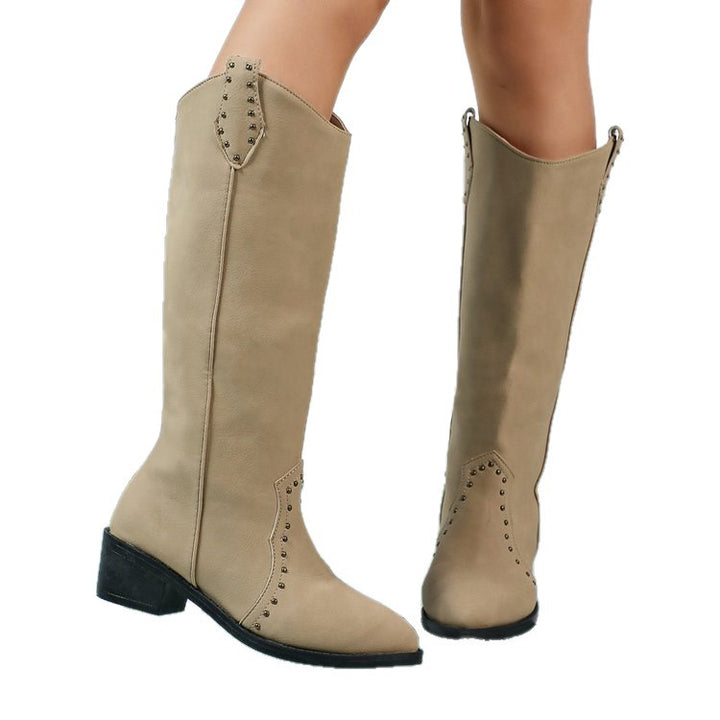 Women knee-high suede boots with decorative perforation and mid-block heel Mune Fashion