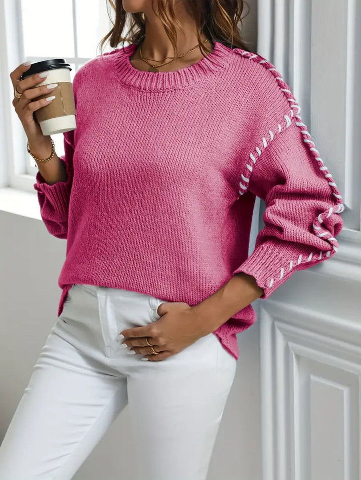 Women's Oversize Knit Sweater with Decorative Cord Braid on Sleeves Mune Fashion