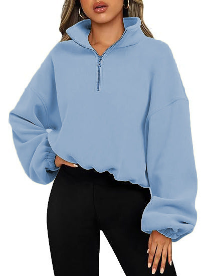 Women's cropped half-zip sweatshirt with high standing collar, balloon sleeves and elastic hem Mune Fashion