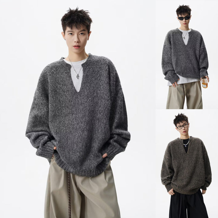 Men's Oversized Chunky Knit Sweater with V-Neck Mune Fashion