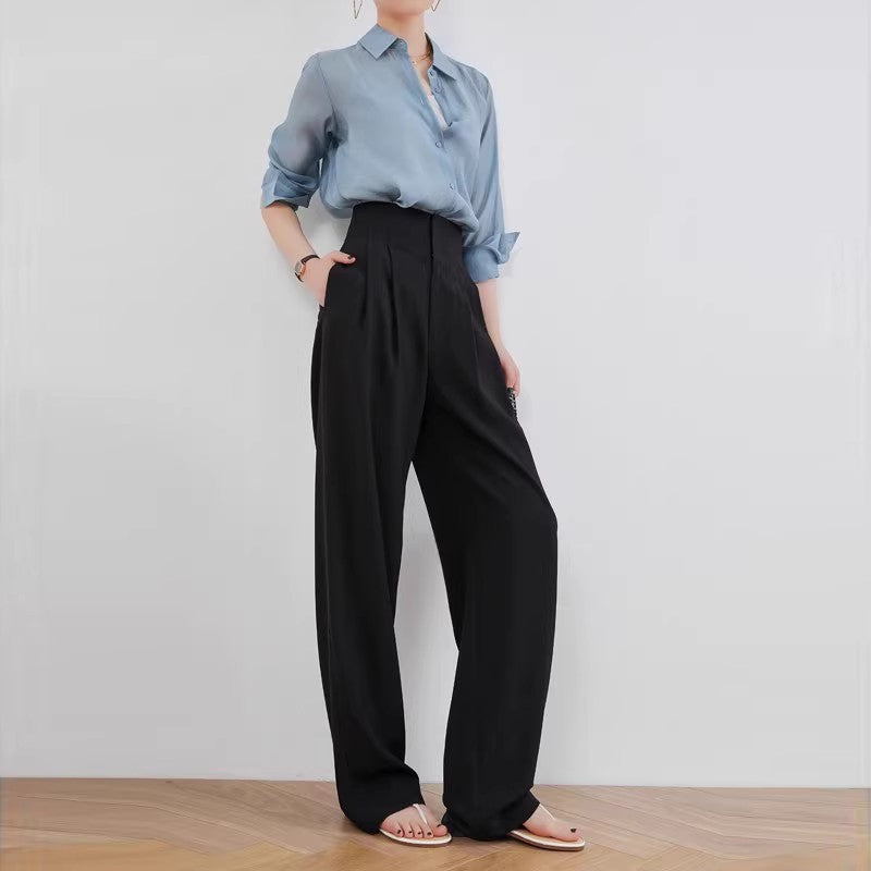 Ladies Elegant and Casual High-Waist Fabric Trousers Drune