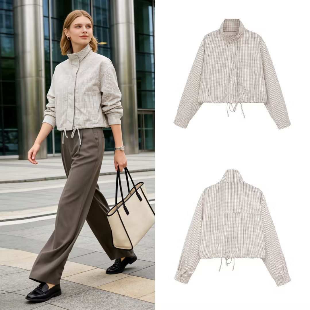 Women Cropped Checked Transitional Jacket with High Collar and Drawstring Mune Fashion
