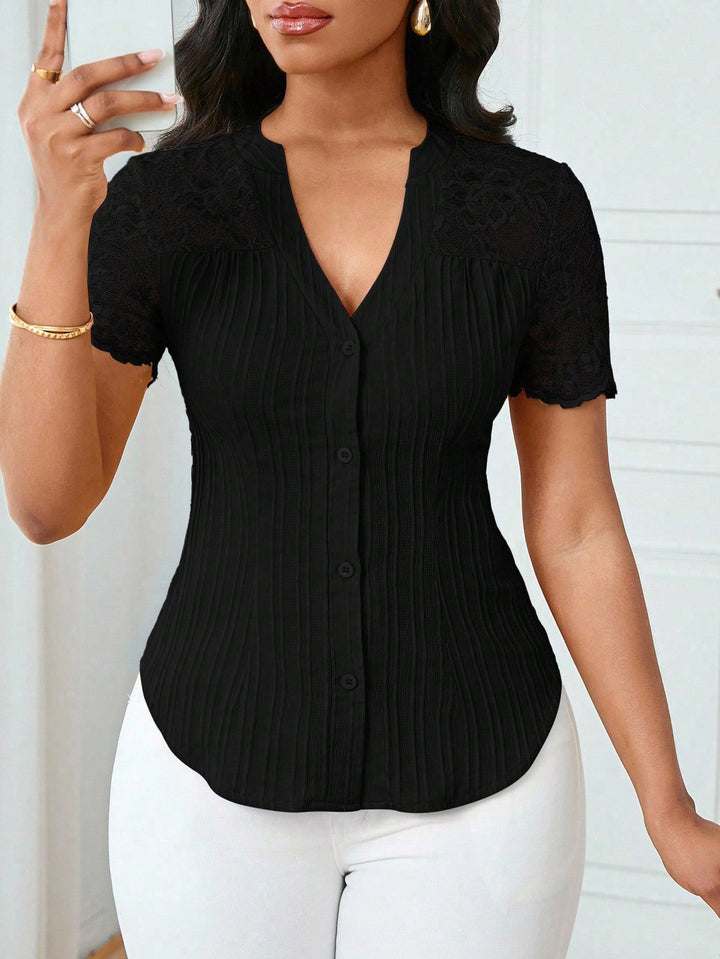 Women's Fitted Short Sleeve Blouse with Lace Sleeves and Button Placket Mune Fashion