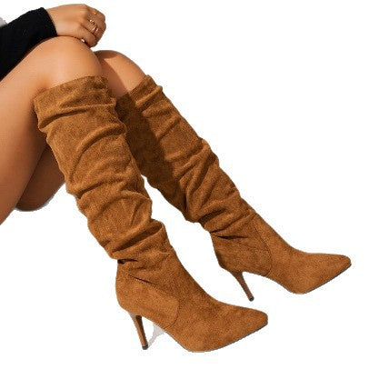 Ladies Ruched Knee-high Velour Boots with Pointed Toe and Sleek Stiletto Heel Mune Fashion