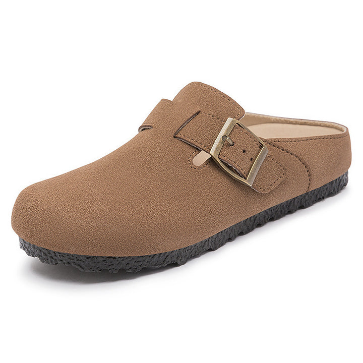 Women's comfortable nubuck slipper clog with adjustable brass buckle and ergonomic memory footbed Mune Fashion