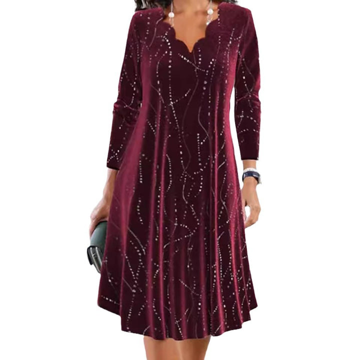 Women's nano velvet A-line dress with curved neckline, long sleeves, and rhinestone embellishment Mune Fashion