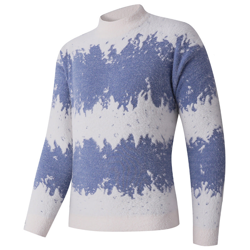 Men's Patterned Fine Knit Sweater with Light Stand-Up Collar and Mohair Look Mune Fashion