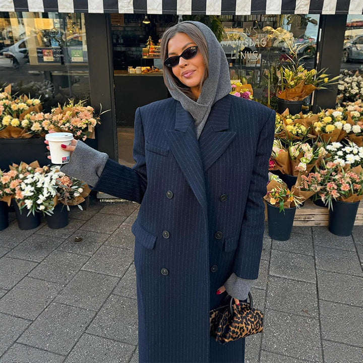 Women's Maximum Oversized Coat in Pinstripe Look with Double-Breasted Button Placket and Long Silhouette Mune Fashion
