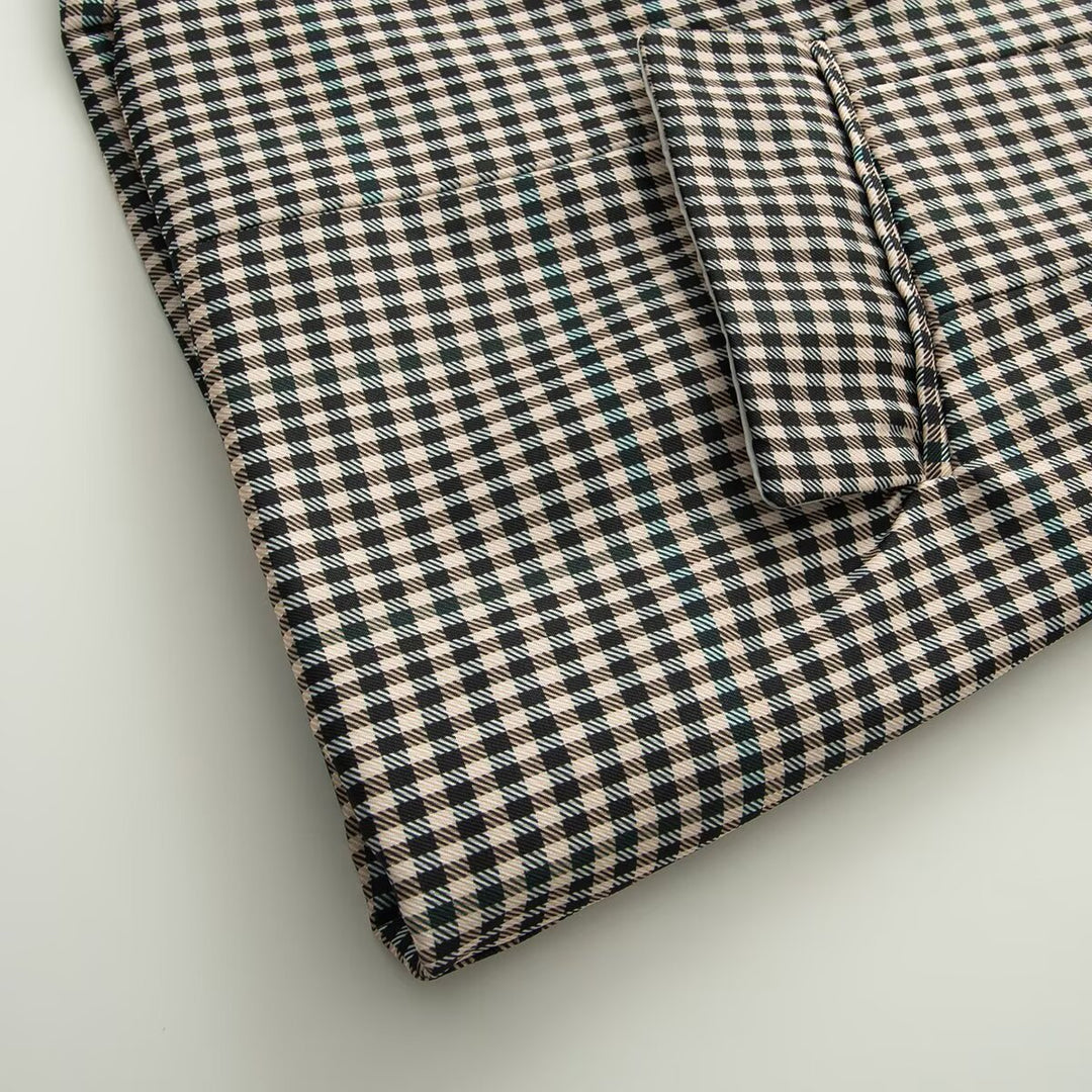 Women's Short Checkered Boxy Blazer with Stand-Up Collar and Flap Pockets Mune Fashion