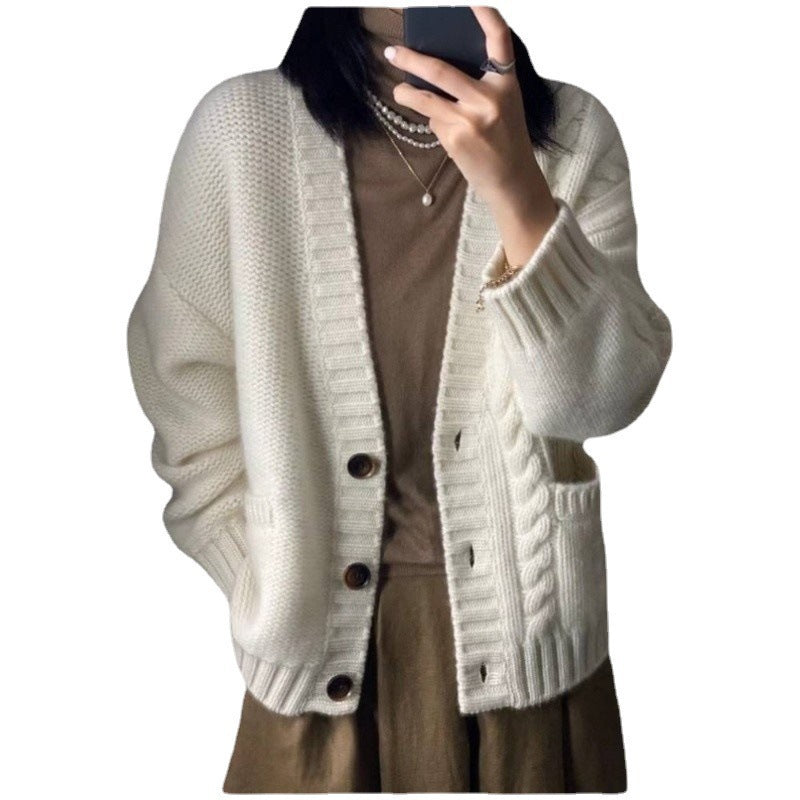 Women's Oversized Knit Cardigan with Cable Detail, Front Pockets and Button Placket Mune Fashion