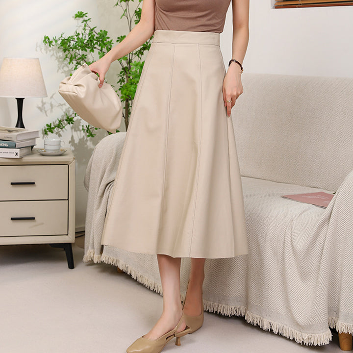 Women's high-waisted midi skirt with vertical seam panels and a light, flowing silhouette.