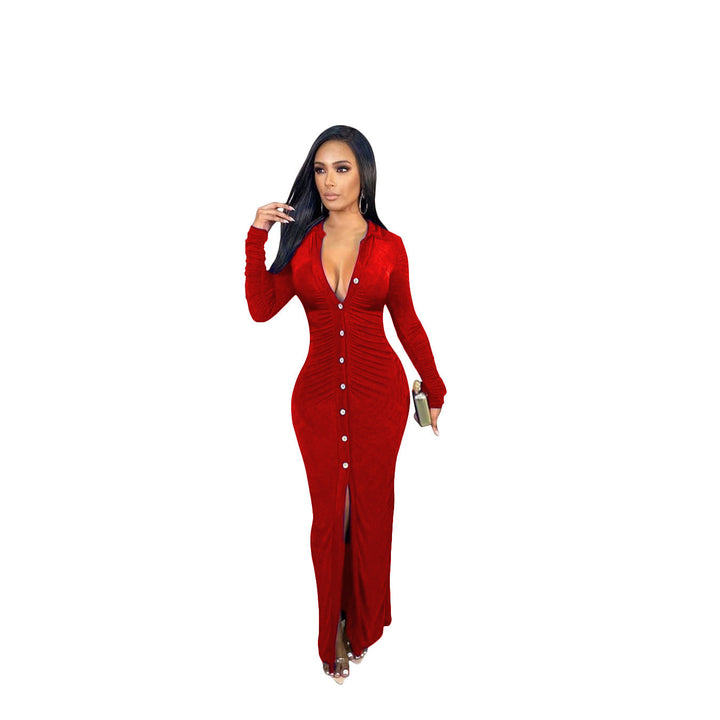 Women's Figure-Hugging Maxi Dress with Button Placket, Gathered Detail and Deep V-Neck