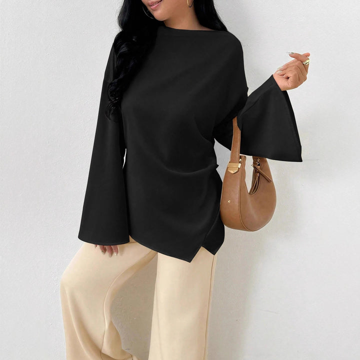 Women oversized satin tunic with boat neck and wide trumpet sleeves Mune Fashion